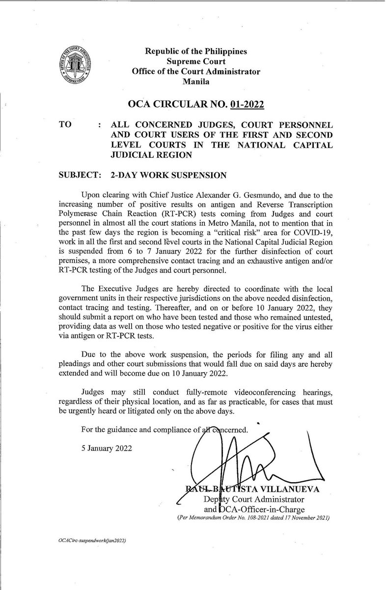 SCPh_PIO's tweet photo. READ: OCA CIRCULAR NO. 01-2022

RE:  2-DAY WORK SUSPENSION IN THE FIRST AND SECOND LEVEL COURTS IN THE NATIONAL CAPITAL JUDICIAL REGION FROM 6 to 7 JANUARY 2022 https://t.co/OMQbwNWS34