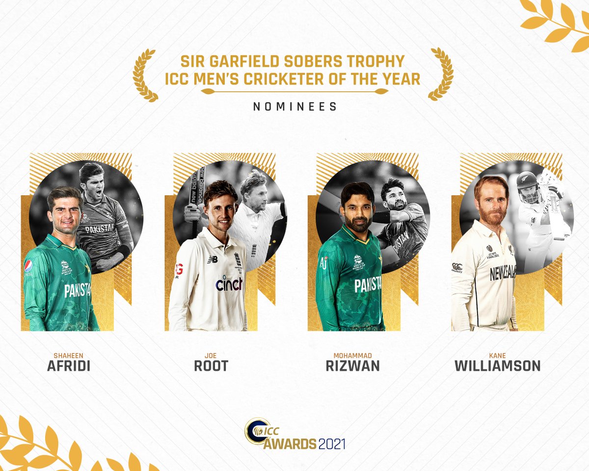 🇵🇰 Mohammad Rizwan
🏴󠁧󠁢󠁥󠁮󠁧󠁿 Joe Root 
🇮🇳 Ravichandran Ashwin
🇳🇿 Kane Williamson 

The voting for Sir Garfield Sobers Trophy for ICC Men's Cricketer of the Year is now open! 

🗳️ bit.ly/ICCMensPlayerO…

Who's your pick? 🤔