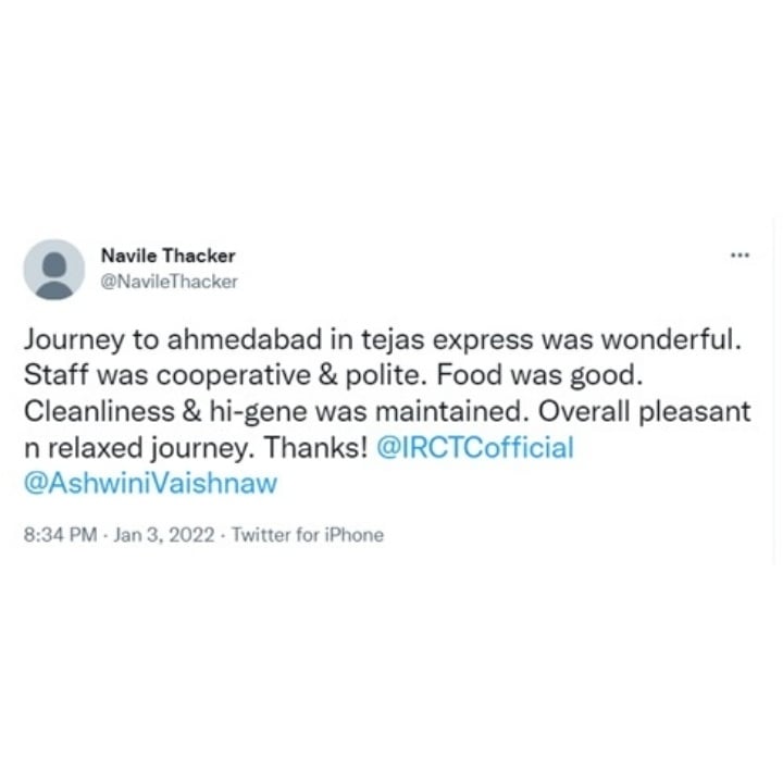 IRCTCofficial's tweet photo. We at #TejasExpress always aspire to make our passenger's travel experience most comfortable. Here are a few passenger feedbacks on Tejas Express services.
#TejasExpress #GoTejasGo https://t.co/Gf5DWLffXk