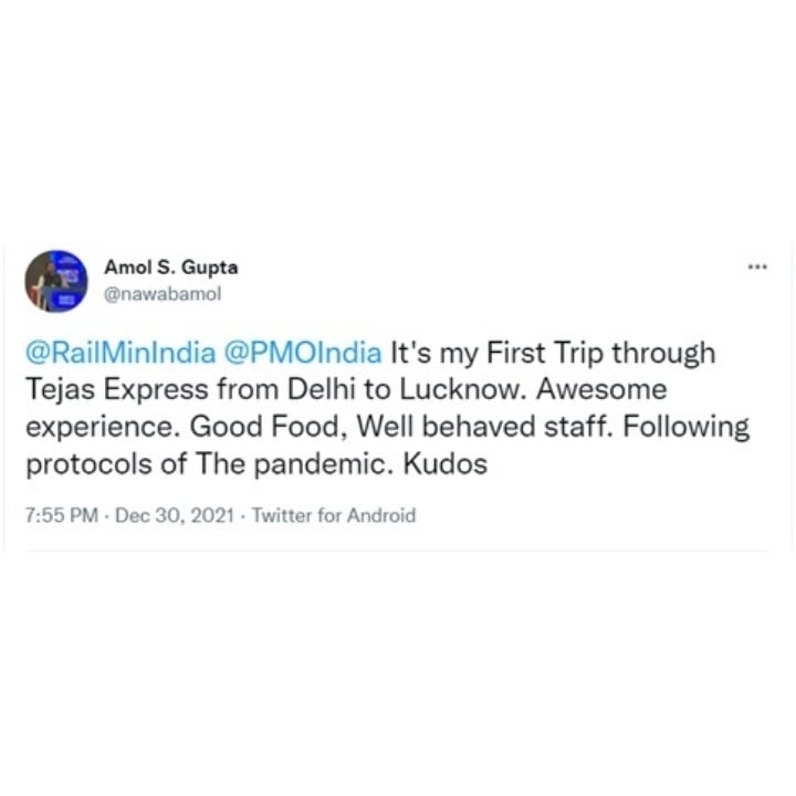 IRCTCofficial's tweet photo. We at #TejasExpress always aspire to make our passenger's travel experience most comfortable. Here are a few passenger feedbacks on Tejas Express services.
#TejasExpress #GoTejasGo https://t.co/Gf5DWLffXk