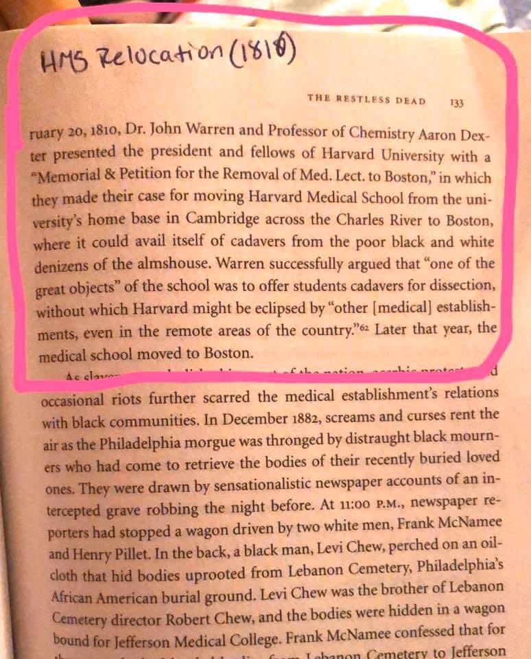 Your weekly reminder that when we say that American medicine was built on the backs of Black folks... Harvard medical school was moved from Cambridge to Boston to allow for easier access to the cadavers of indigent Black folks for white male medical students to dissect.