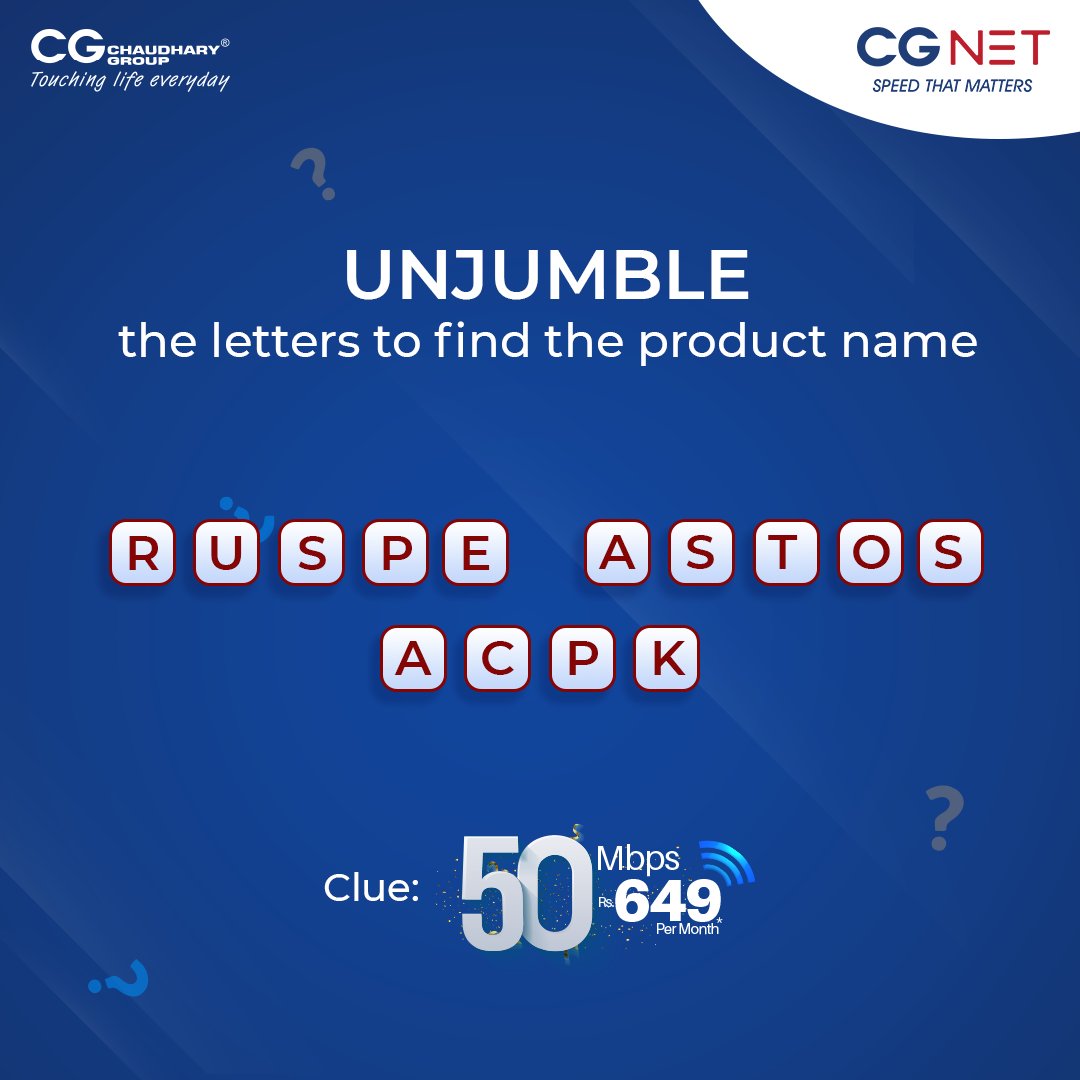 CGNetNepal's tweet photo. Can you guess the product name? Unjumble the given letters to figure out the answer and write it in the comments below! Give it a try!
#CGNET #SpeedThatMatters  #ChaudharyGroup #CG #HighSpeedInternet #SuperSastoPack https://t.co/4PthEEHjXn