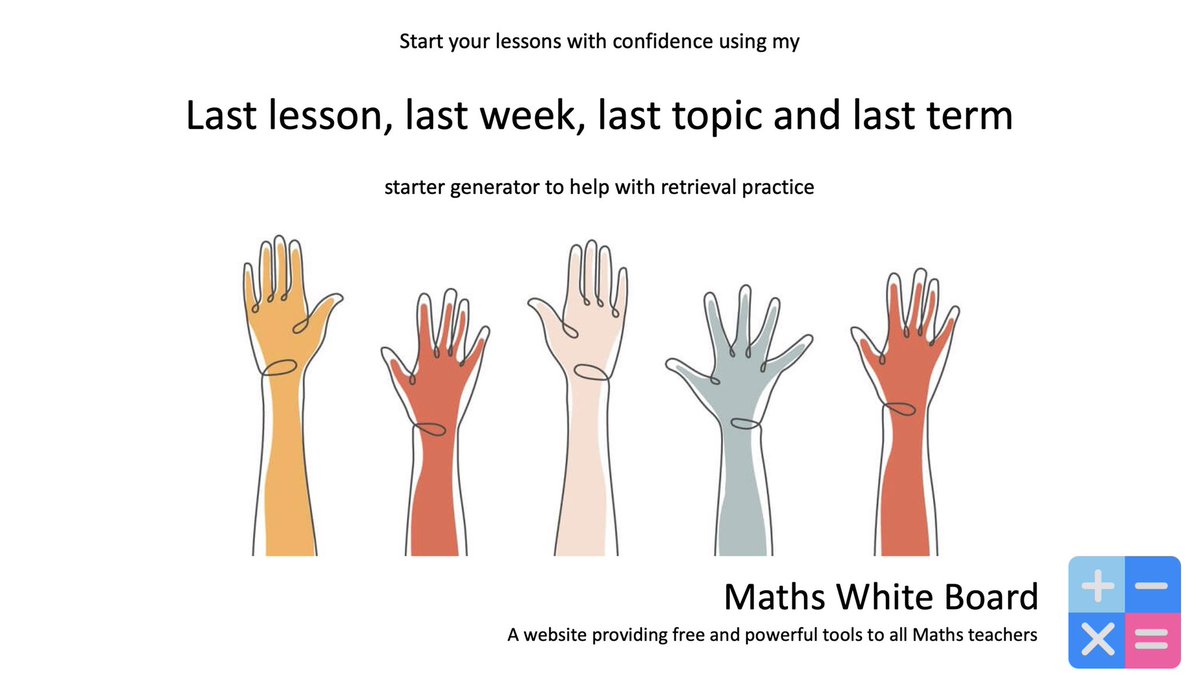 MattTheApp's tweet photo. Build confidence and engagement from the start of your Maths lesson using my starter generator:
https://t.co/4Kmzf7Vlk5
Ideal for focussed retrieval practice on what students have recently done.
#Maths #mathsprogress #mathswhiteboard #Mathematics #MathStratChat #gcsemaths https://t.co/0SHZ8ZYpMg