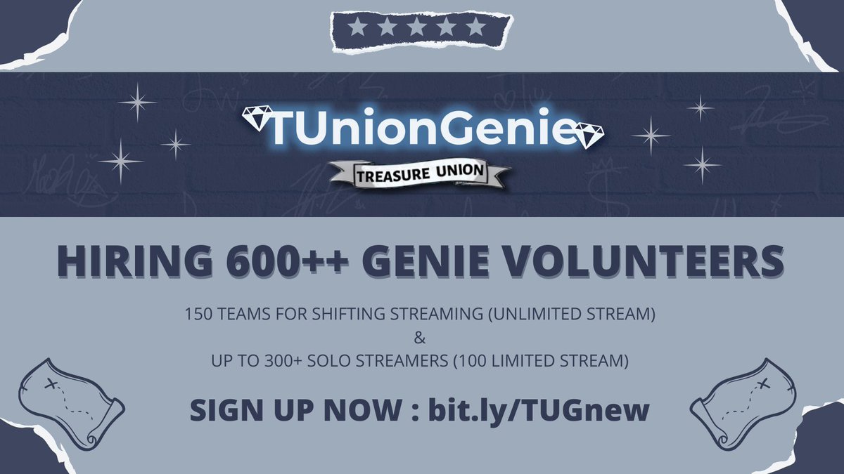#TREASURE 'THE SECOND STEP'

Teu-ha! The recruitment proccess is still on going, Genie team is still looking for many volunteers🏁

🔗bit.ly/TUGnew

If you have any questions, feel free to DM: <a href="/TUnionGenie/">TREASURE UNION GENIE TEAM</a> or <a href="/TUnionGenie_/">TREASURE UNION GENIE TEAM</a>
 
#트레저 <a href="/treasuremembers/">TREASURE</a> #THESECONDSTEP