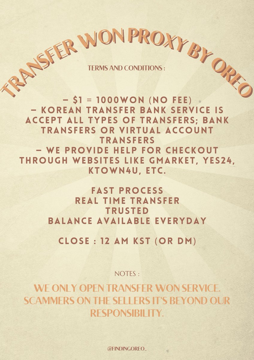 findingoreo_'s tweet photo. ✨— korean transfer bank service is accept all types of transfers; bank transfers or virtual account transfers
✨— we provide help for checkout through websites like gmarket, yes24, ktown4u, etc.
✨— rate won always updated everday via tweet

tf trf transfer won proxy service https://t.co/JRxuSWKjiK