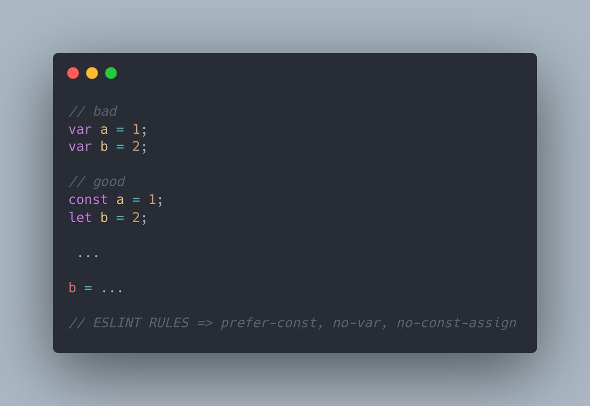 Pavel_FFP's tweet image. Hi there ✋, Javascript tip of the day - 01

Avoid using var, prefer using const to declare a variable. This ensure that you can&apos;t reassign a value to the variable. If you must reassign a value, prefer using let.  

#DailyJS, #çaParleDev, #100DaysOfCode,