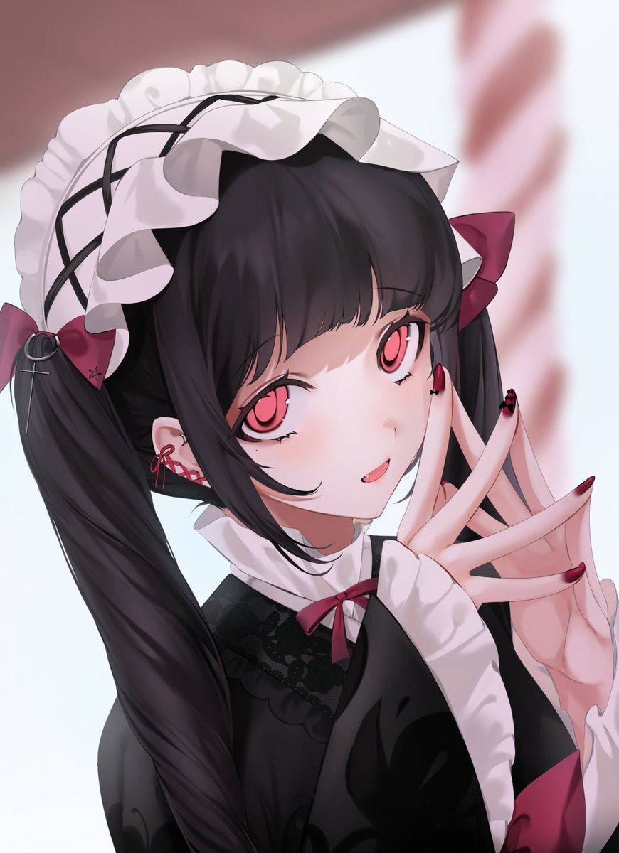 1girl solo black hair red eyes looking at viewer twintails bangs  illustration images