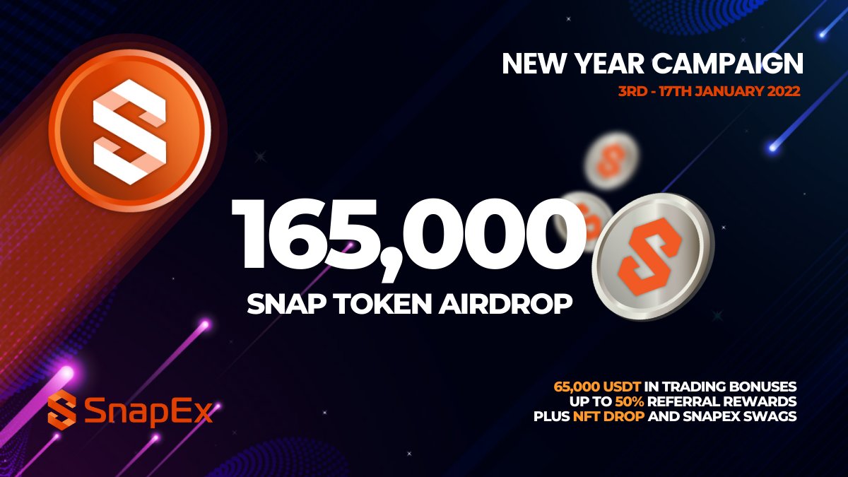 We are giving away 165,000 SNAP Tokens and you can be one of the lucky few to own a piece of it. There are also more prizes to be won, including 65,000 USDT, NFTs, SnapEx Swags, and referral awards up to 50% commissions!    

Read more: campaign.snapex.com/new-year-campa…

#SnapEx #Rewards