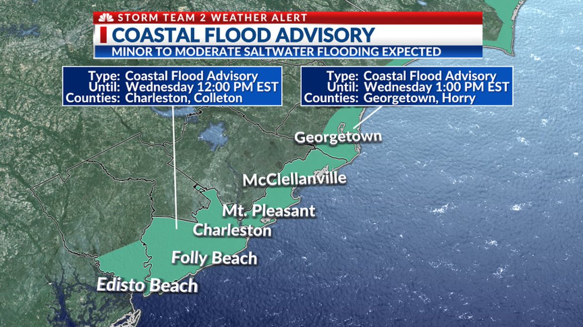 WEATHER ALERT: A Coastal Flood Advisory has been issued. Prepare for minor to moderate saltwater flooding. Some flooded streets, flooded property, and a few closures are expected near tidal waterways and in Downtown Charleston. #chswx #scwx