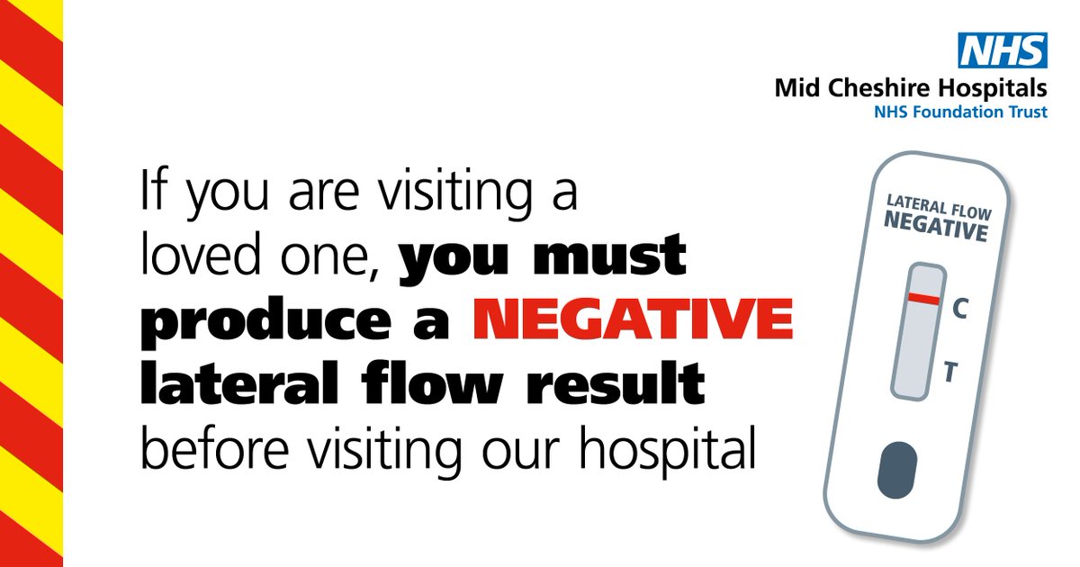 MidCheshireNHS's tweet photo. If you are visiting a loved one, you must produce evidence of a negative lateral flow result when you visit. This test must be performed on the same day, before visiting.

If this is not shown, you will not be permitted onto the ward/area. 

More here - https://t.co/gD8bS9LFbQ https://t.co/E04UMHzghq