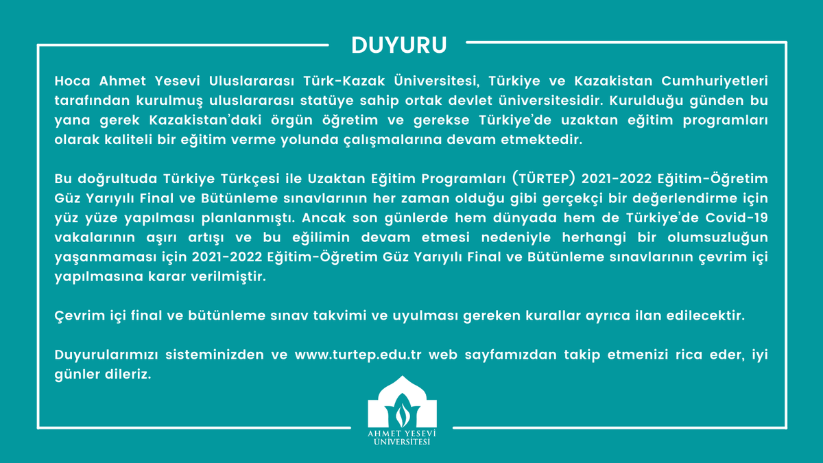 AhmetYeseviUni's tweet photo. 📢 TÜRTEP 2021-2022 Eğitim-Öğretim Güz Yarıyılı Final ve Bütünleme Sınavları Hakkında Duyuru
https://t.co/9q1IQ4VDRI https://t.co/HNoXqf2OUT
