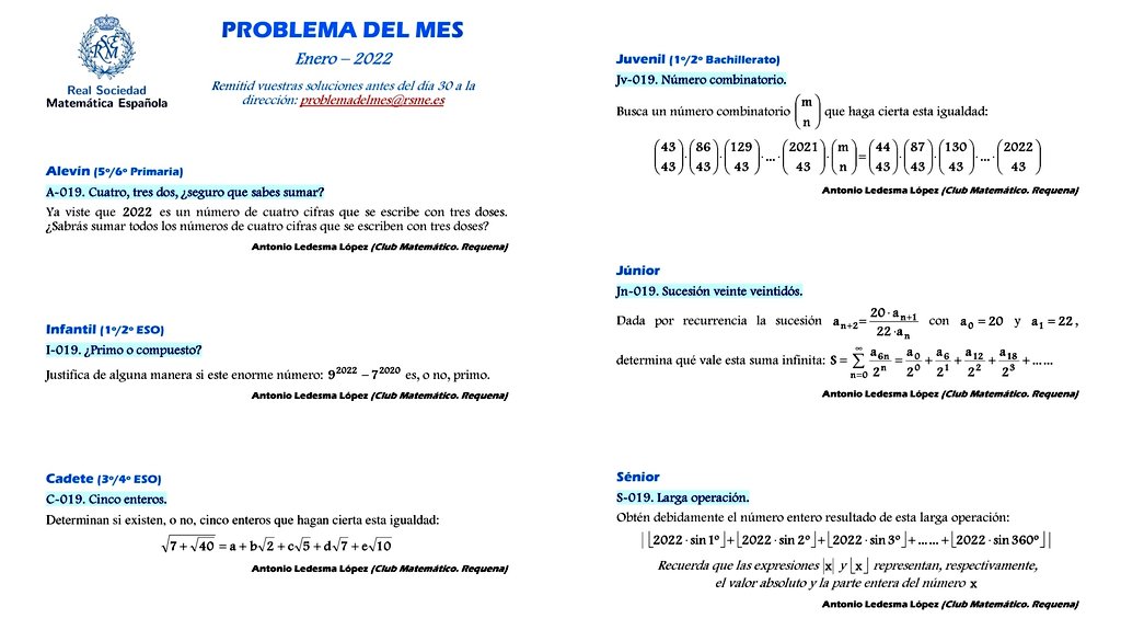 juanripu's tweet photo. Los #MathProblems del #ProblemaDelMes de la @RealSocMatEsp propuestos por Antonio Ledesma para empezar el año. https://t.co/bvN4hhPgJ9