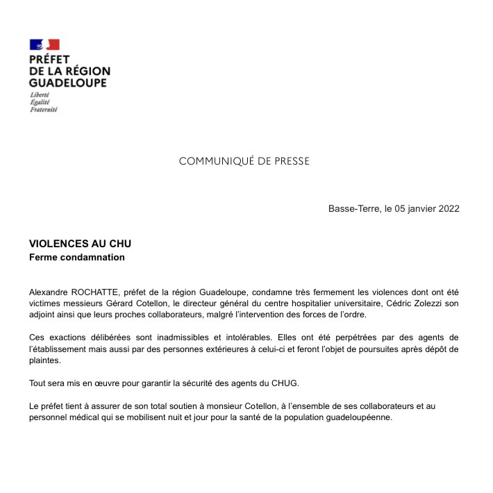 Prefet971's tweet photo. [#VIOLENCESAUCHU] Alexandre ROCHATTE, préfet de la région Guadeloupe, condamne très fermement les violences dont ont été victimes messieurs Gérard Cotellon, le directeur général du centre hospitalier universitaire, Cédric Zolezzi son adjoint ainsi que leurs proches collaborateurs https://t.co/9LwDKqGGE3