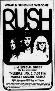 On January 5, 1978, Rush played with April Wine at the Market Square Arena in Indianapolis, Indiana for the A Farewell to Kings tour