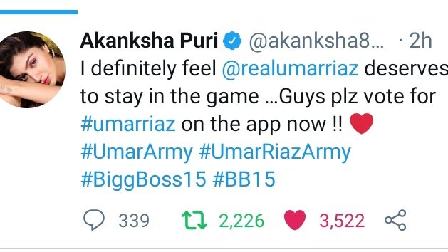 AsimUmSim's tweet photo. Our boy #UmarRiaz is  getting support from celebs outside the BB and  audience 🥰  

@ColorsTV  @BiggBoss    he desreves to stay in the house  will shine more 🤞♥️ #BiggBoss15 https://t.co/xoGENvA0ir