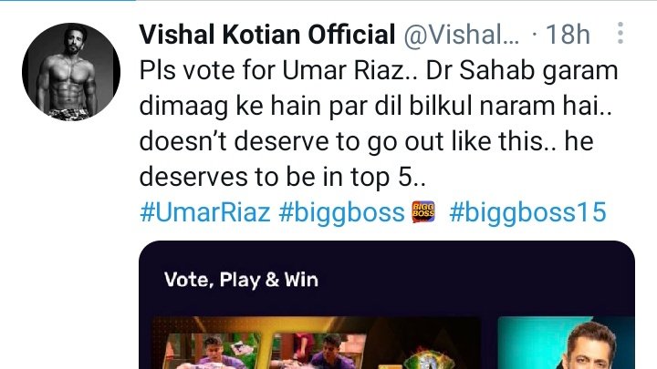 AsimUmSim's tweet photo. Our boy #UmarRiaz is  getting support from celebs outside the BB and  audience 🥰  

@ColorsTV  @BiggBoss    he desreves to stay in the house  will shine more 🤞♥️ #BiggBoss15 https://t.co/xoGENvA0ir