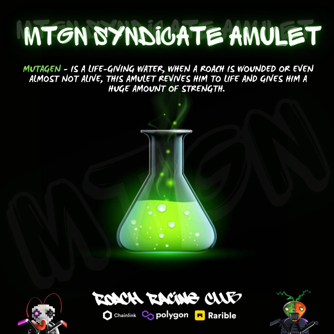 aw_poloskin's tweet photo. @roachracingclub The syndicate amulet is a bottle with a green magic elixir and the inscription [MTGN] on the label.
#MTGN #P2EGame https://t.co/LUVAzA1KZh