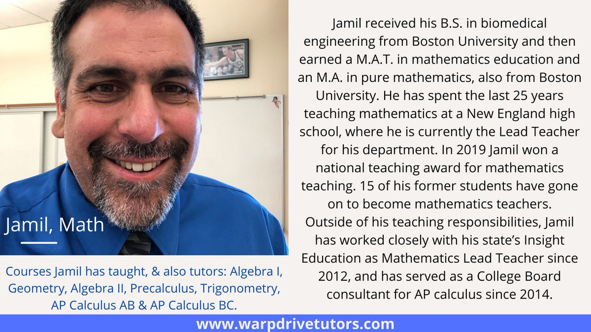 warpdrivetutors's tweet photo. Please meet Jamil, another of our mathematics tutors. Also a past winner of a national Excellence in Mathematics Teaching award! 
#APCalculus #APCalculusAB #APCalculusBC #mathtutor #geometrytutor #algebratutor #calculustutor #algebratrig #honorsmath  #NYCPrivateschools https://t.co/YVVTRKTAM7