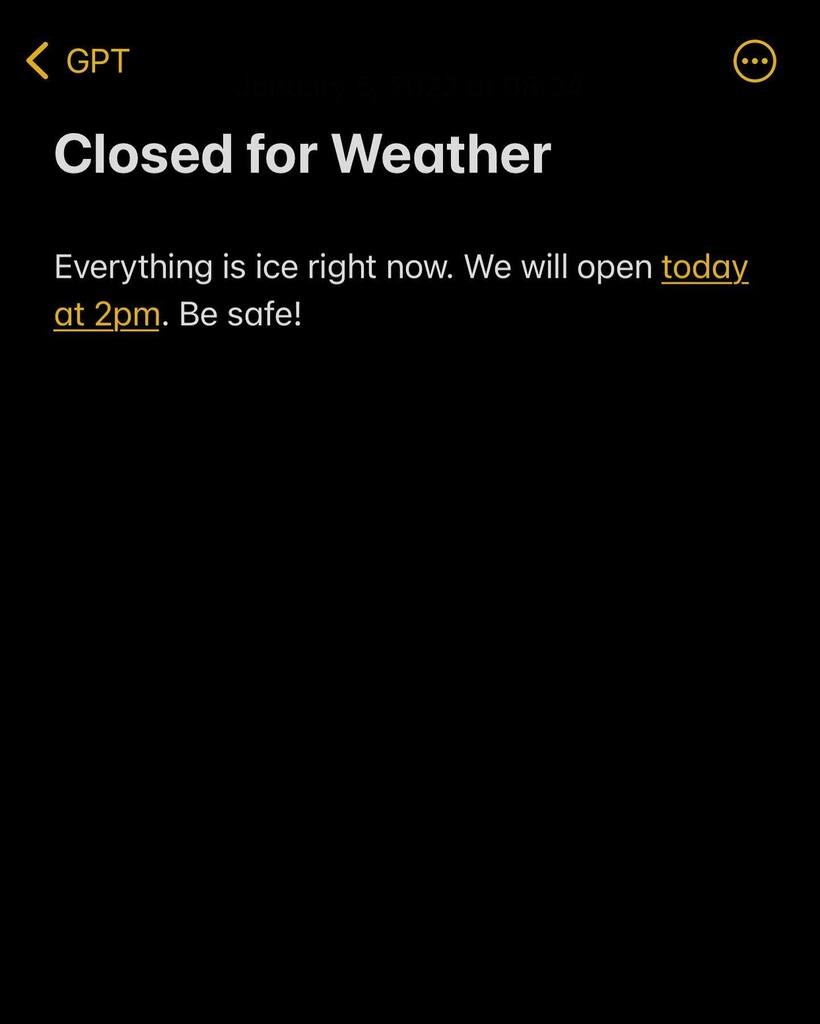 RyanGleason's tweet photo. Closed this morning. Opening at 2pm. #teamgpt https://t.co/XoTQxIMTqu https://t.co/zHzcuLT8r8