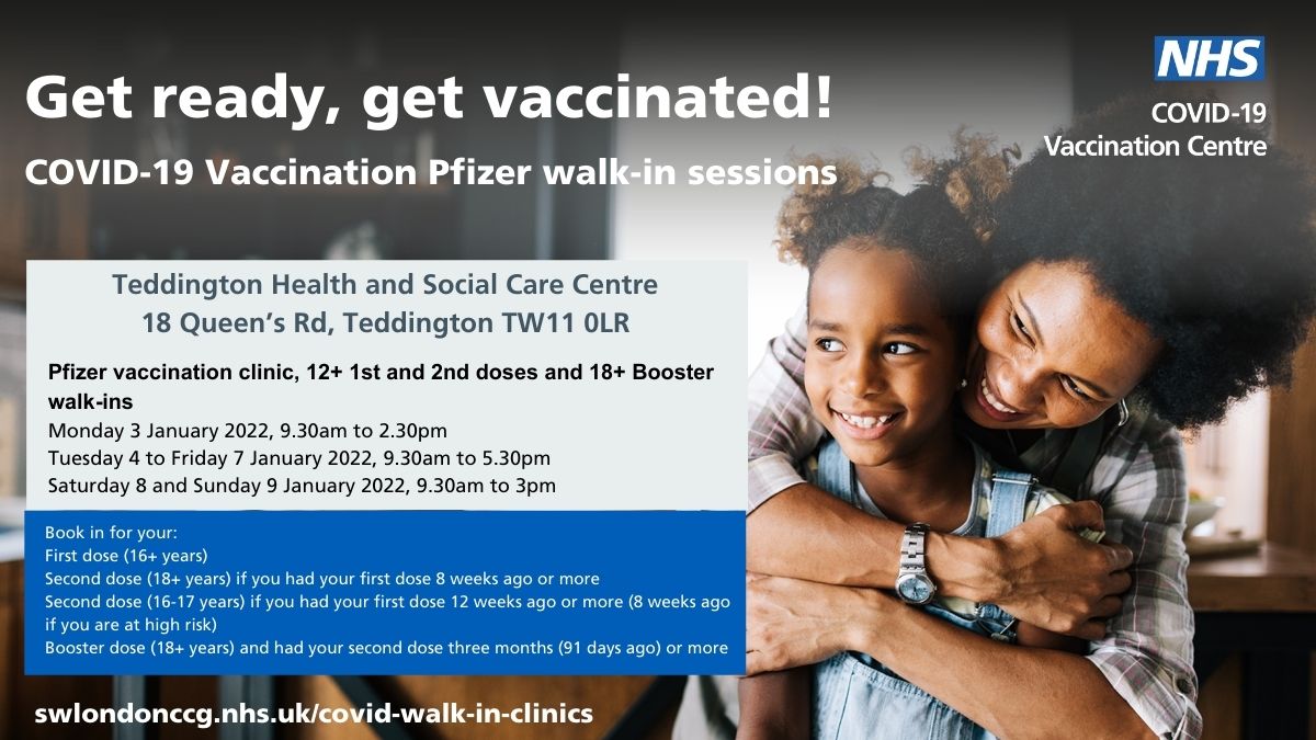 LBRUT's tweet photo. Get vaccinated this week! 

Pfizer vaccination clinic for 12+ 1st &amp; 2nd doses and 18+ booster walk-ins at Teddington Health and Social Care Centre: 
▪️ 5-7 January, 9.30am-5.30pm 
▪️ 8-9 January, 9.30am-3pm 

ℹ️ https://t.co/IZafi6yb4b 

#KeepRichmondSafe https://t.co/4GY80GM8XN
