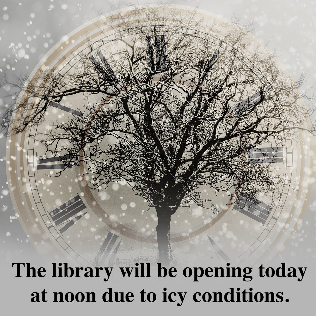 Good morning everyone! The library will opening at noon today due to icy road conditions. We'll keep you posted on any further changes. 

Drive safe and stay warm! #chBoothLibrary #newtownCT