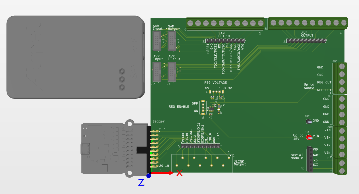 brobotix0x57's tweet photo. Little big to keep in a project tote so maybe do a rev two with a smaller wire to board setup.  I added an on board regulator so you can power right off of it and also a plugin for a USB-UART module for serial connections.  #Engineer #Electronics #Maker #Altium #Atmel #Segger https://t.co/3MPsj4lsbW