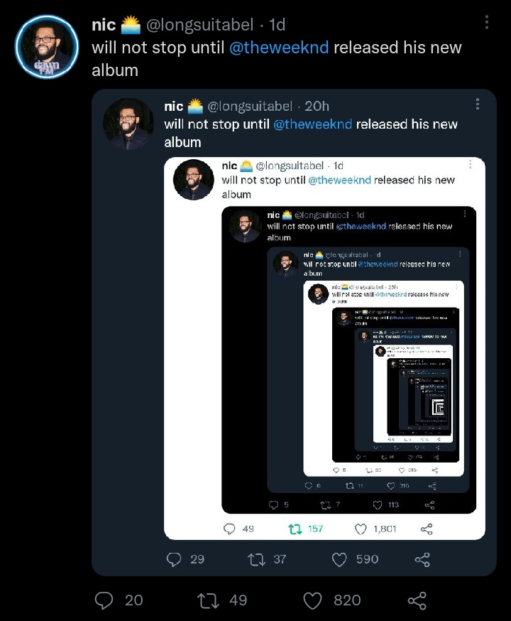 longsuitabel's tweet photo. will not stop until @theweeknd released his new album https://t.co/bhJLYCw5Ve