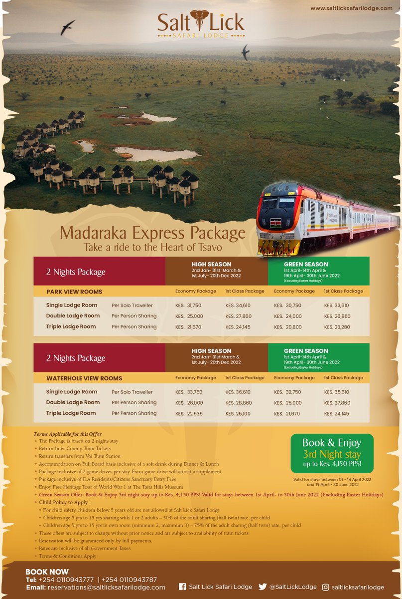 SaltLickLodge's tweet photo. —MADARAKA EXPRESS PACKAGE —
A fantastic chance to see more of real Kenya as you leave behind the city life. The journey will take you through magical encounters as you get to experience our biodiversity.

#SaltLickExperience #Magicalkenya https://t.co/F2lkmhkyIM