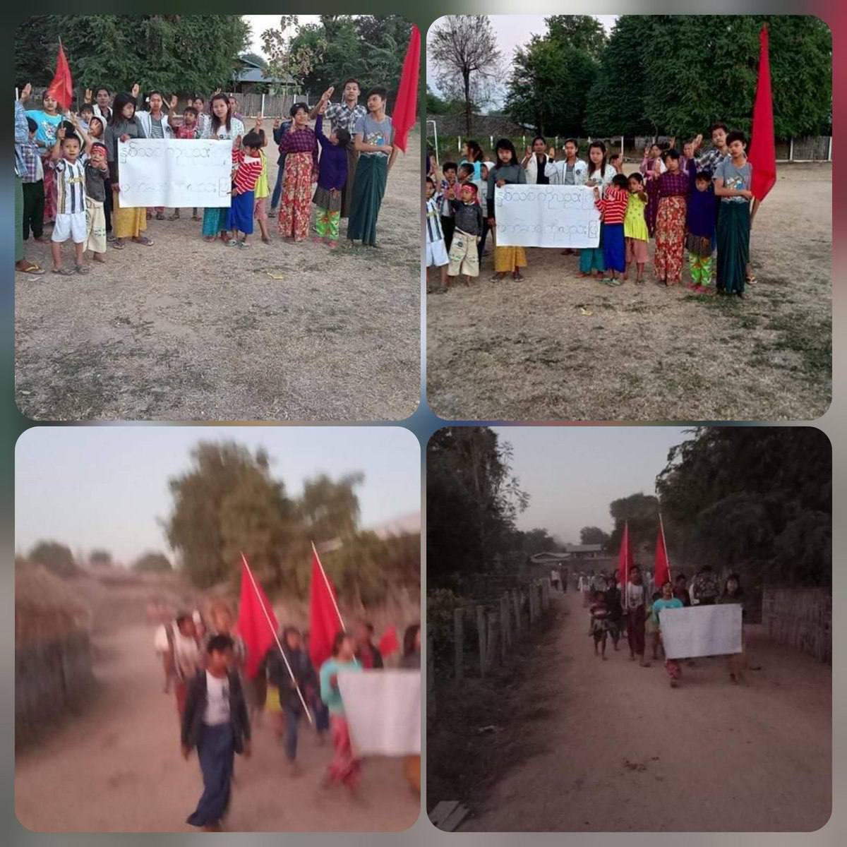 Locals of a village in Depayin Tsp staged a joint protest to overthrow Genocidal Military at dawn. #ASEANStopHunSen #2022Jan5Coup #WhatsHappeningInMyanmar