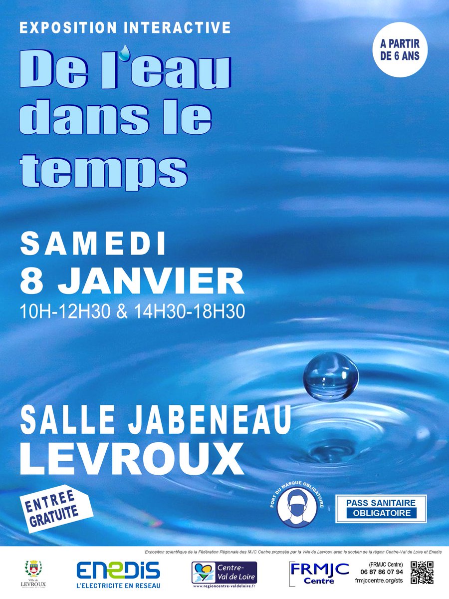 enedis_centre's tweet photo. Retrouvez l'#exposition scientifique #interactive "de l'eau dans le temps" 💧Salle Jabeneau à #Levroux du 🗓️5 au 11 janvier ouverte et gratuite : 
➡️aux scolaires 🎒 la semaine
➡️au public le 08 janvier de 10h à 12h30 et 14h30 à 18h30 tout en respectant les gestes barrières 😷🧴 https://t.co/t3awl4sZdh