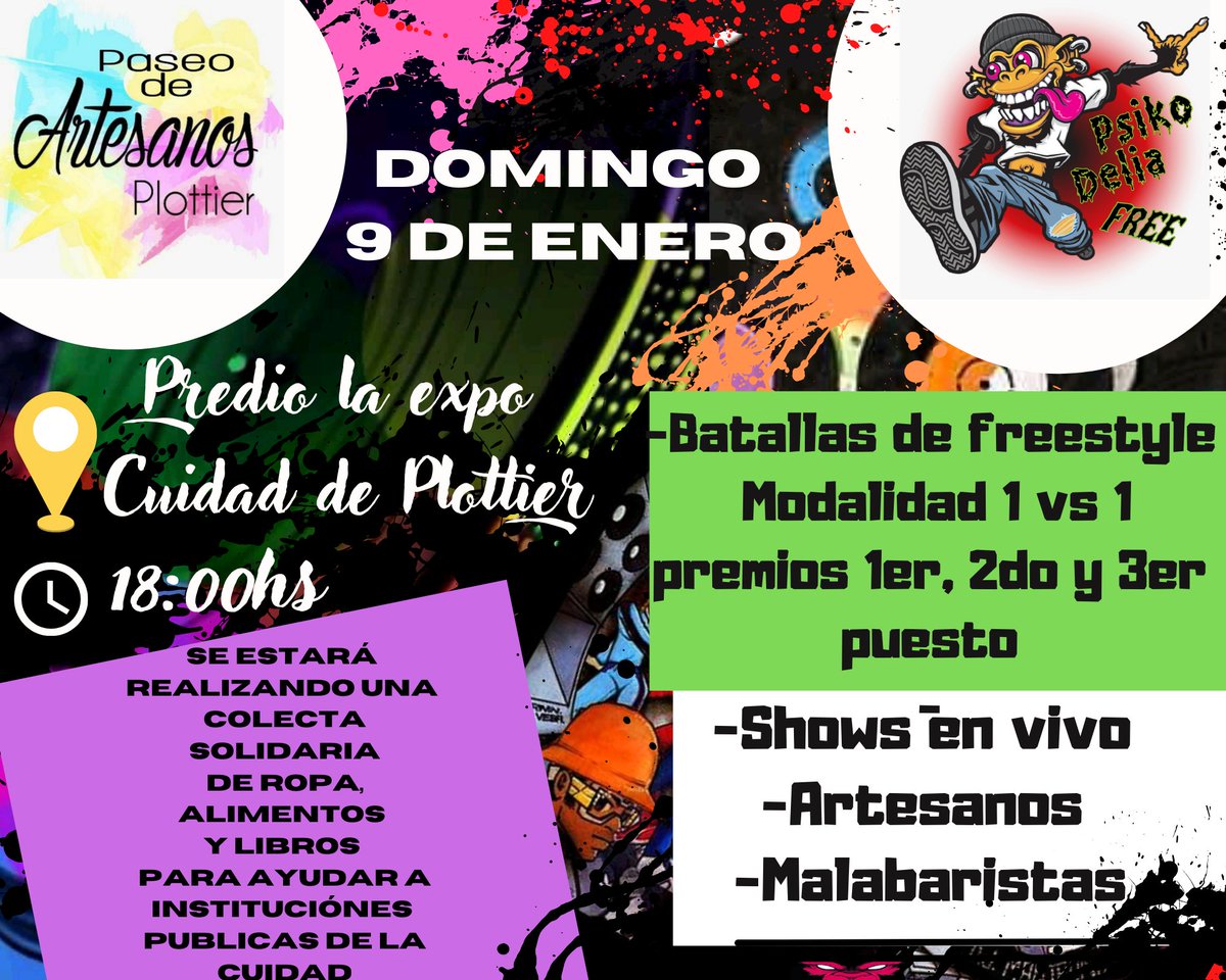 Este domingo 9 de enero se realizara el evento De Hip-Hop Psikodelia free
En el predio la expo de Plottier
