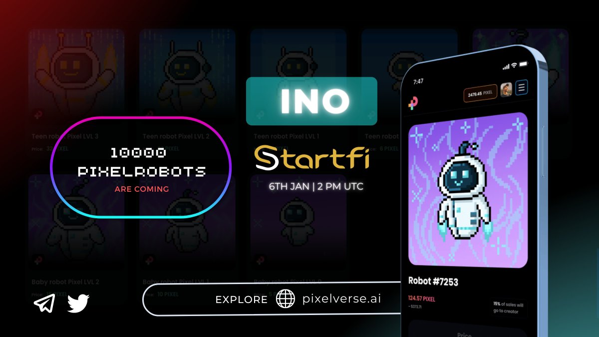 pixelverse1's tweet photo. PIXELVERSERS 

PixelRobots is the premier NFT collection of PixelVerse.

With our first NFT collection of 10.000 unique PixelRobots to be initially offered through StartFinance in couple of days — 6th January, at 2 PM UTC, get set to lay your hands on them. 

#PIXELVERSE https://t.co/C05HsK1aQJ