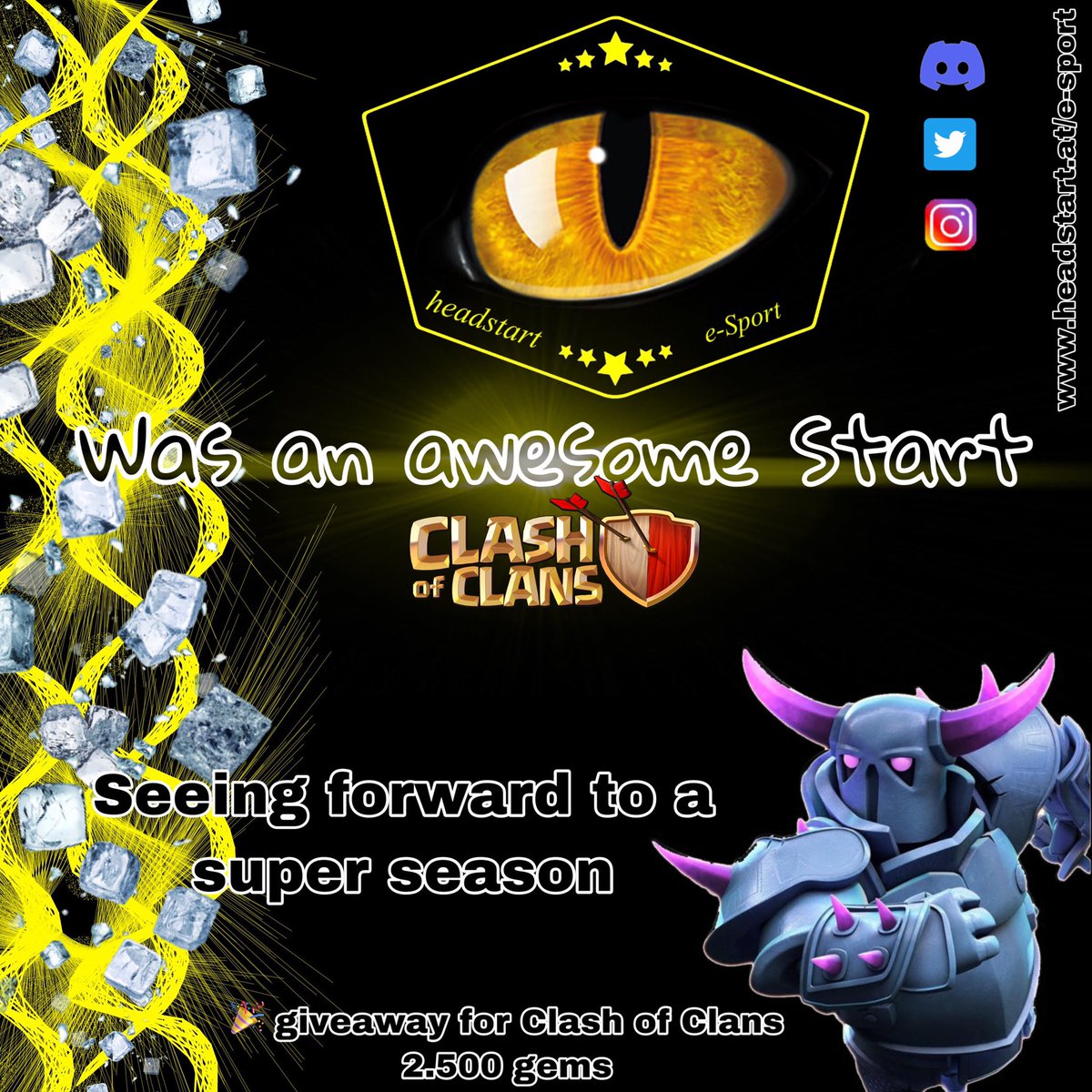 We had an awesome start in <a href="/CoCEsports/">Clash of Clans Esports</a> 

We will say thank you and make a 
🎉giveaway 👉🏻 2500 gems via PayPal (19,99€)

✔️follow us <a href="/headstartesport/">headstart e-sport</a> 
✔️retweet this tweet 

The winner will be announced on our discord server discord.gg/5AJCvuRddh on the 09. January ✌🏻