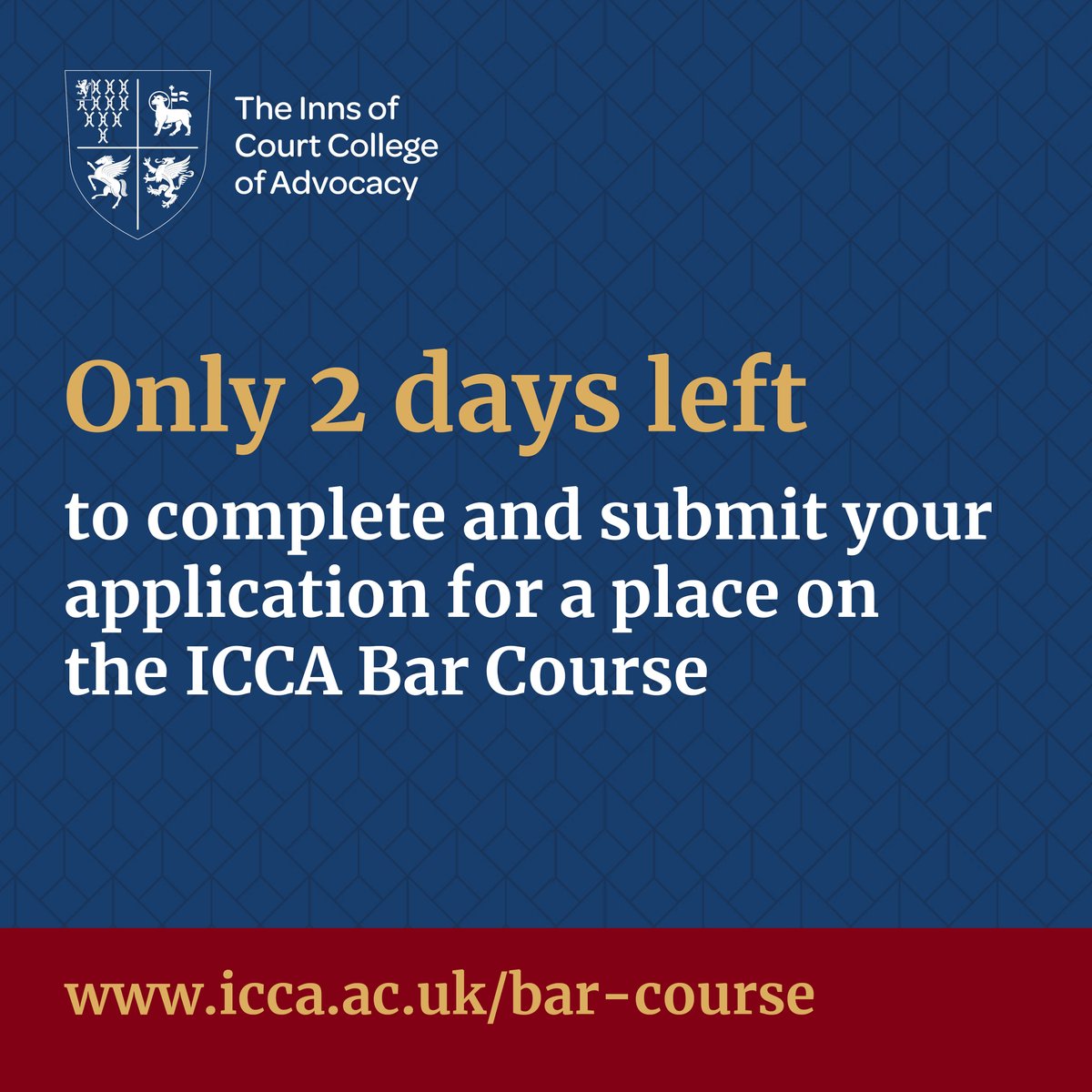 Only 2 days left.  

The ICCA Bar Course applications portal is closing at midday on Friday 7th January 2022.  

Secure your place on the coveted ICCA Bar Course for start dates in September 2022 or January 2023.  Visit bit.ly/3k40Co0
 
#ForFutureBarristers  #BarCourse