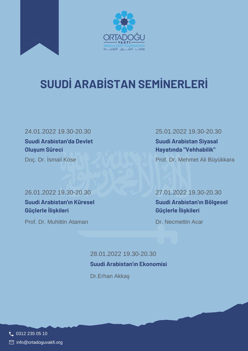 📌Ortadoğu Vakfı'nın geçtiğimiz yıl başlattığı Ülke Seminerleri Serisi, yeni dönemde Suudi Arabistan Seminerleri ile devam ediyor! 🗓 24-28 Ocak 🕒 19.30-20.30 📍Zoom Kayıt için; forms.gle/LLGCofJ3Se6hXW…