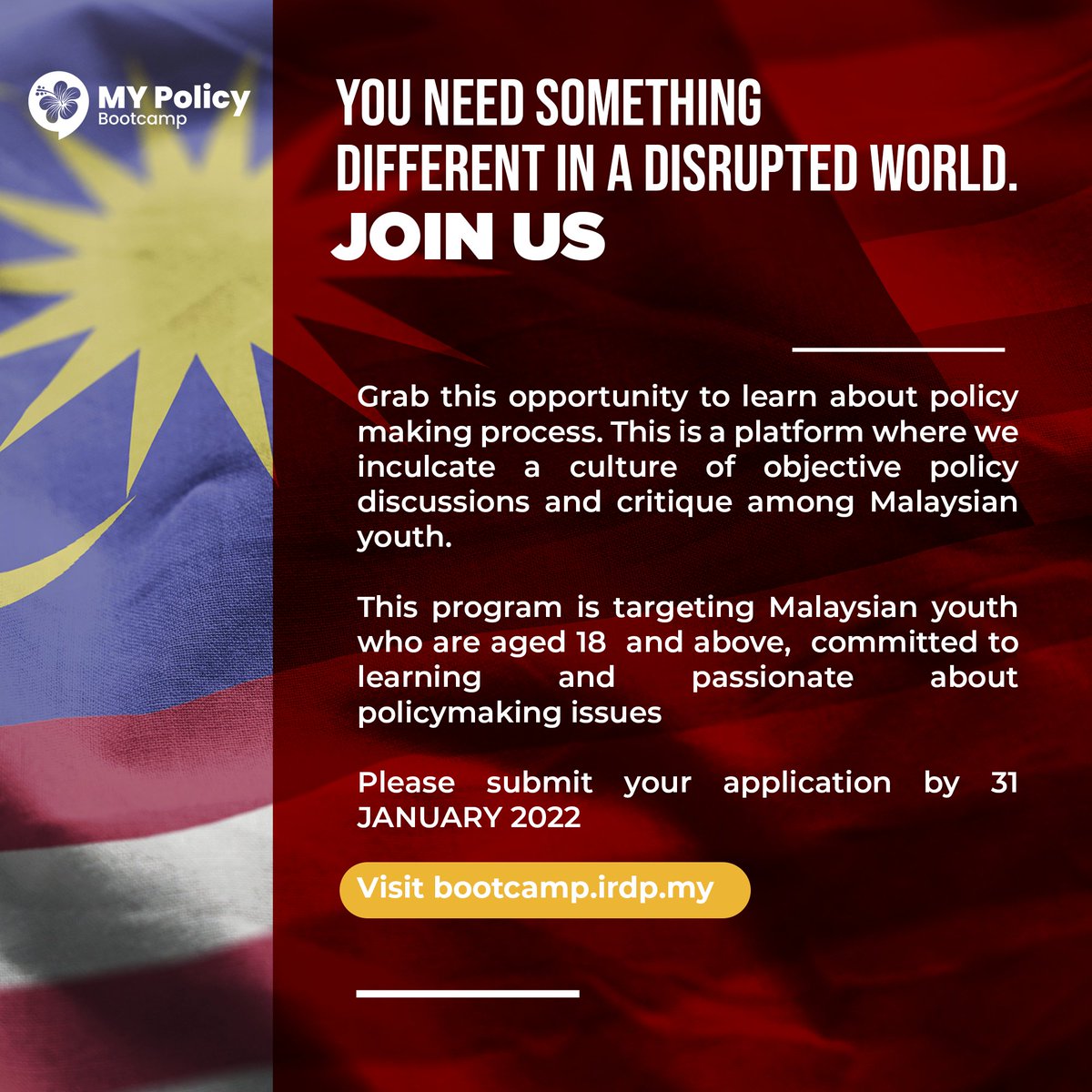 mypolicy2022's tweet photo. We are looking for 100 participants and changemakers! 

Grab this opportunity to learn about policymaking process. We are targeting Malaysian youth who are aged 18 and above and passionate about policymaking issues 

Visit
https://t.co/dnTIIlASOC https://t.co/bJVhJfE23y