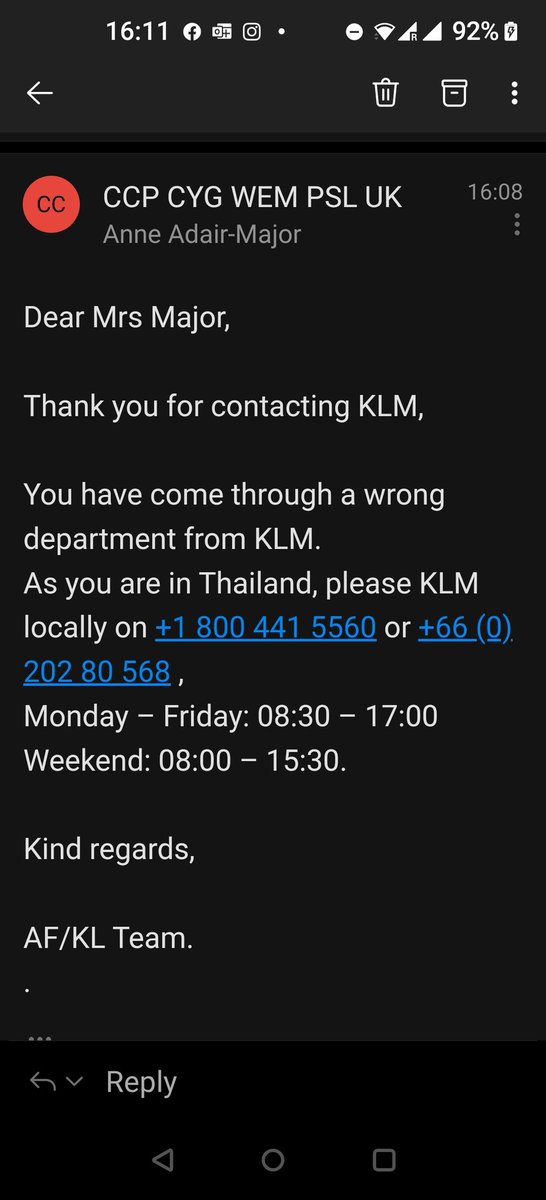 annemajor's tweet photo. @KLM_UK @KLM On 23/24/25 Dec I flew from Edinburgh to Bangkok via Amsterdam. I have had issue after issue with since booking, but I honestly cannot understand why you would now be refusing to assist me with my return flight because I am in my destination #worstcustomerservice https://t.co/E0zloi2U0g