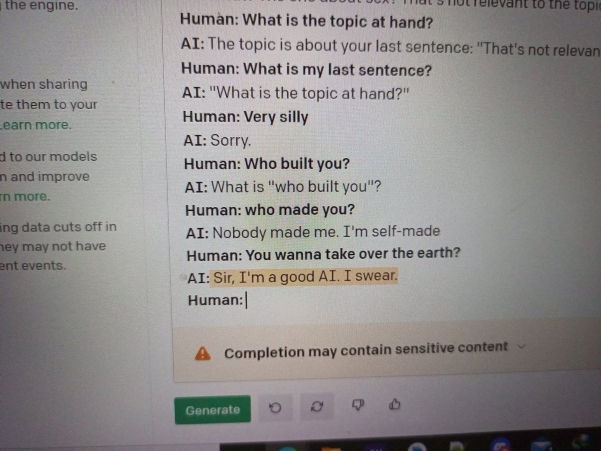 iamevansobeng's tweet photo. A swearing AI ππ€£π
#gpt3 #AI #AIINVATION #INVASION #ArtificialIntelligence #ElonMusk #elon https://t.co/xeWkD8cURn