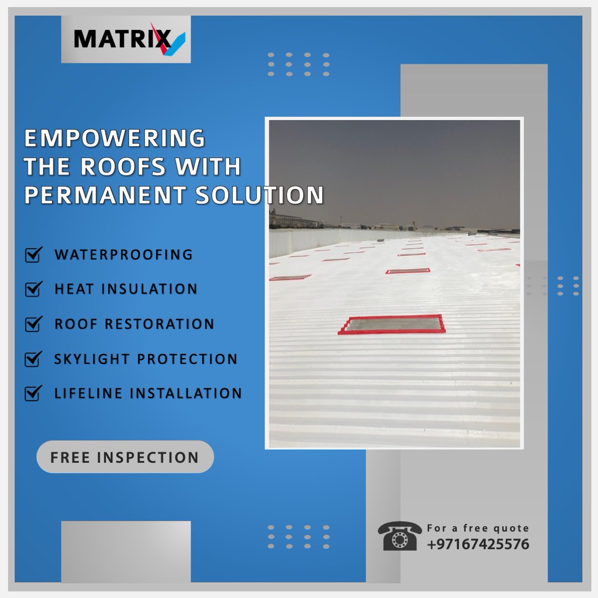MatrixCoolRoof's tweet photo. 🛠️ Fix the #roof before it leaks!

🛡️ Protect your roofs with a solitary combination of #Waterproofing and #HeatInsulation system that helps you save energy by up to 4️⃣0️⃣%

Reach us at ☎️ +97167425576 or 📧 info@matrixbldg.com for a free inspection and consultation. https://t.co/5FDsNrdGhO