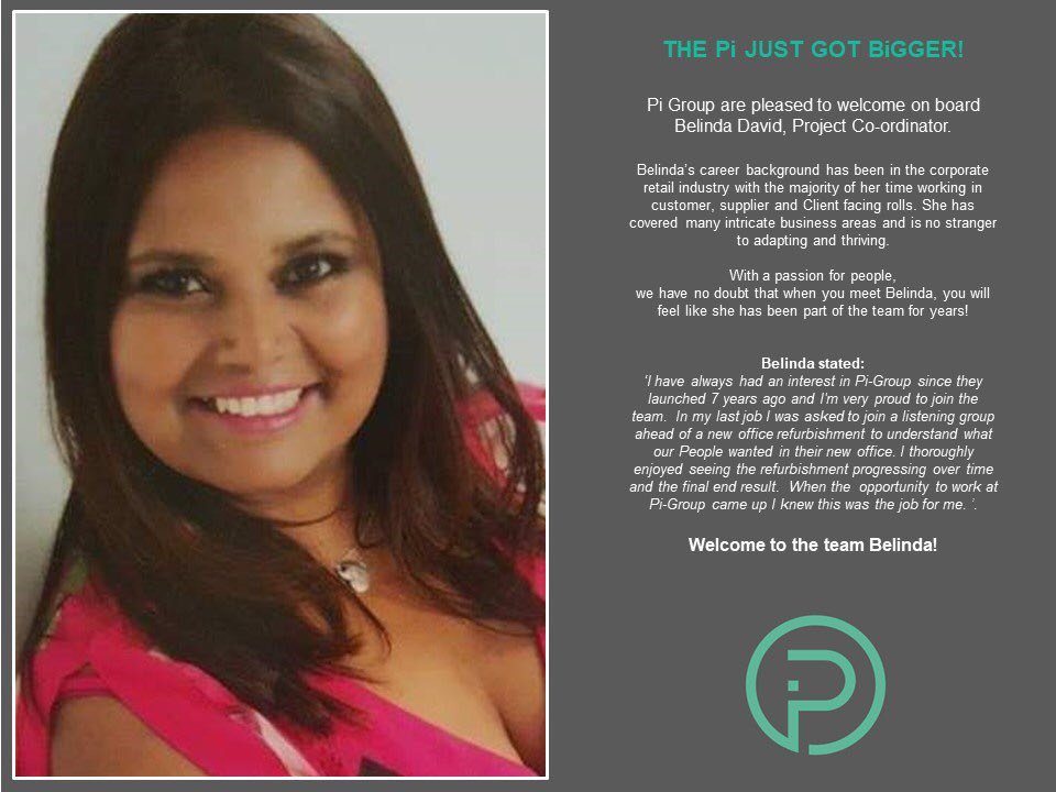 pi_group_ltd's tweet photo. We are very happy to introduce you to new team member Belinda David who is joining the team as Project Co-ordinator! Straight out of the frying pan of retail into the fire of the furniture world! I’m sure she’ll find it a piece of Pi(e)! #PiTeam https://t.co/aeFMDqVZqJ