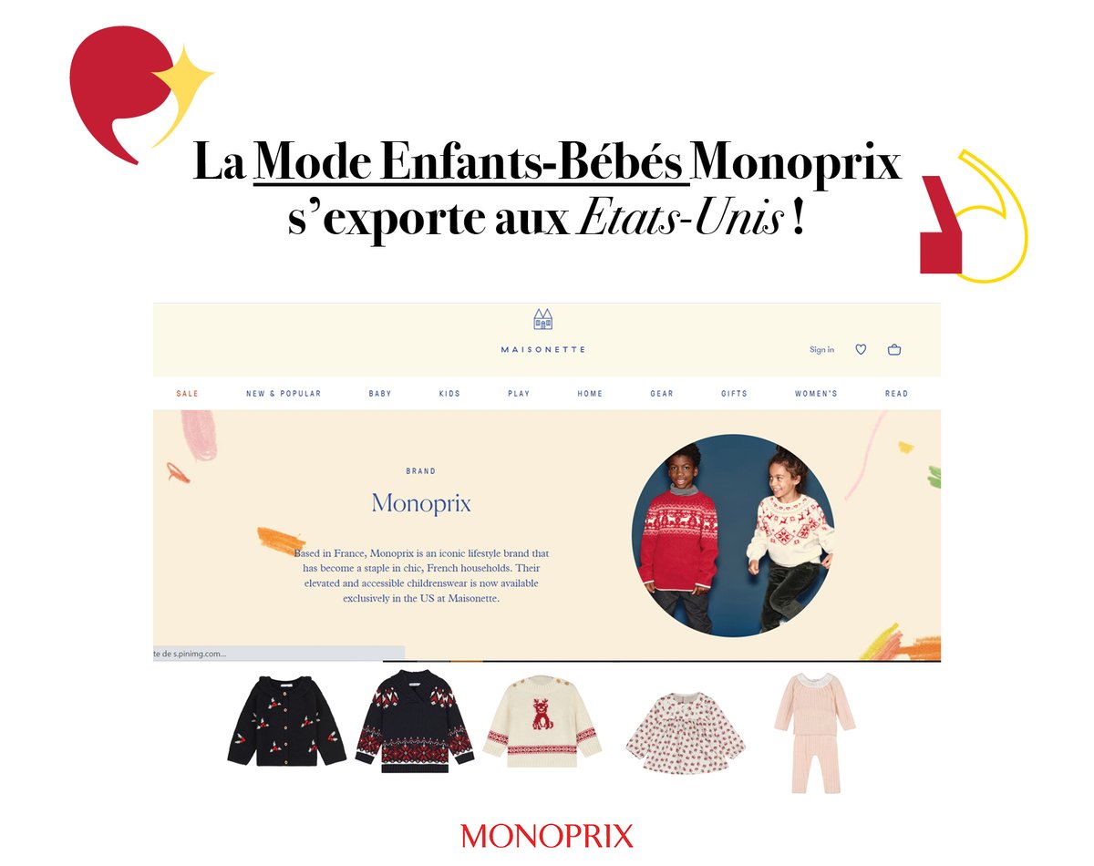 Monoprix's tweet photo. La Mode Enfants-Bébés Monoprix s’exporte aux États-Unis grâce au site marchand américain @MaisonetteWorld ! Il propose en #exclusivité aux Etats-Unis, notre #collectioncapsule de Noël enfants/bébés composée d’une quarantaine de modèles Bout’chou et Monoprix Kids. https://t.co/A2pkMA1207