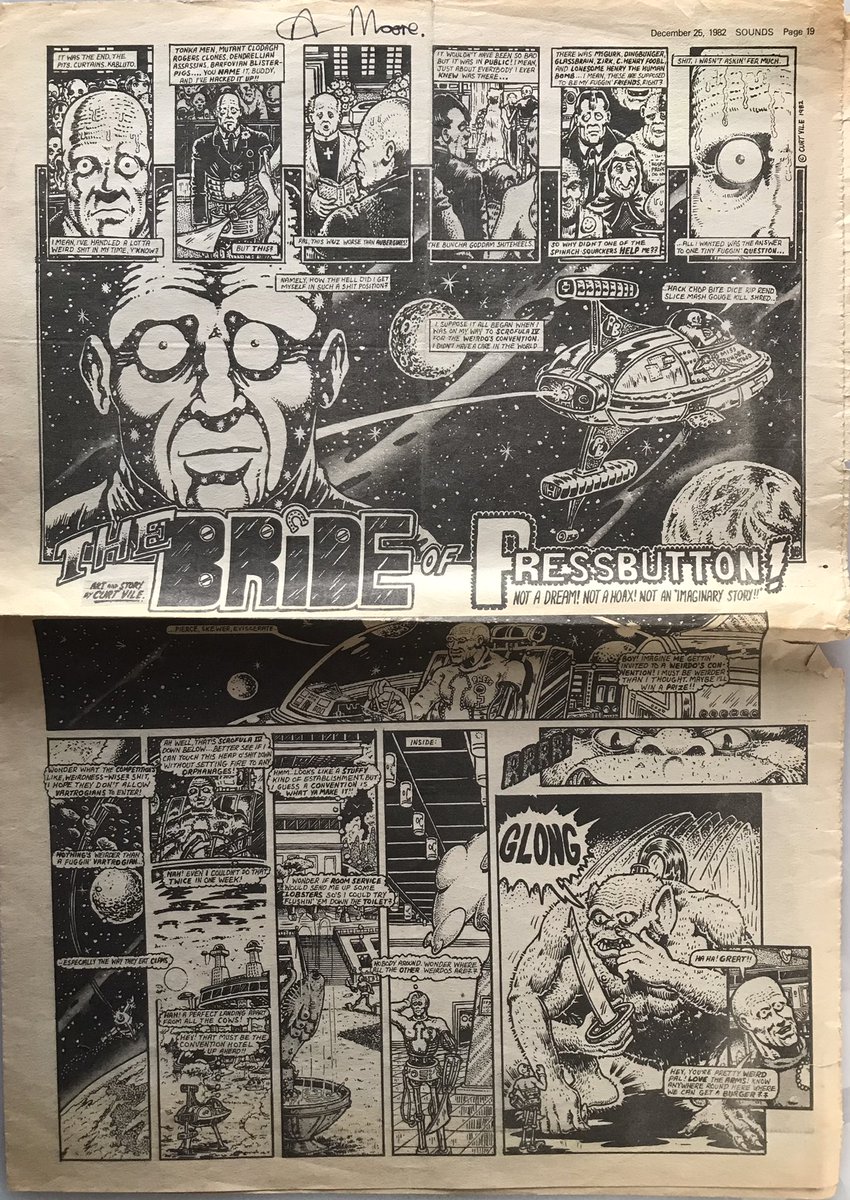 SatanicMojo's tweet image. One of the highlights of my Comix collection is this #Axelpressbutton 4-pager from sounds 1982 from when #AlanMoore was still working as #CurtVile