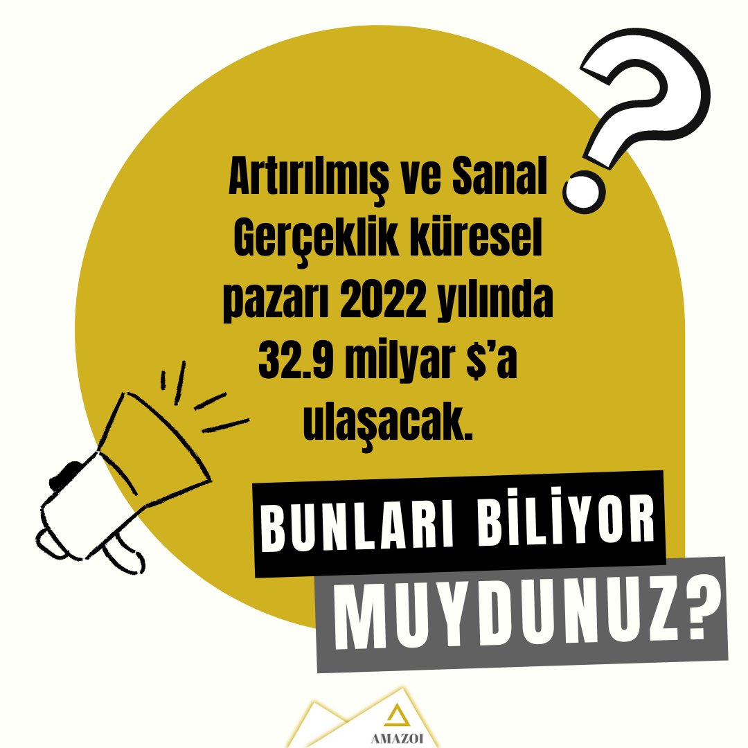 'Bunları Biliyor Muydunuz?' serimiz devam ediyor!

Artırılmış ve Sanal Gerçeklik küresel pazarı 2022 yılında 32.9 milyar $’a ulaşacak. 2026 yılında ise bu pazarın 120 milyar dolara ulaşacağı tahmin ediliyor.

AMAZOI olarak geleceğin simülasyon teknolojisini inşa ediyoruz.