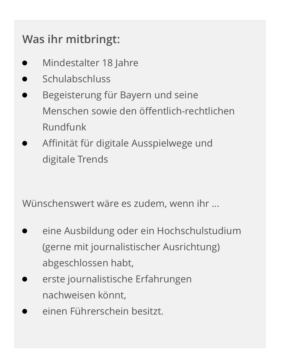 👋 Hallo Nachwuchsjournalist:innen!  Bis 31.1. könnt ihr euch für das Volo beim <a href="/BR_Presse/">BR - Bayerischer Rundfunk</a> bewerben! 

Man muss durch ein Auswahlverfahren durch, aber es lohnt sich! 🚀
Alle Infos: br.de/extra/karriere… 
#journojobs #volo #journalismus
