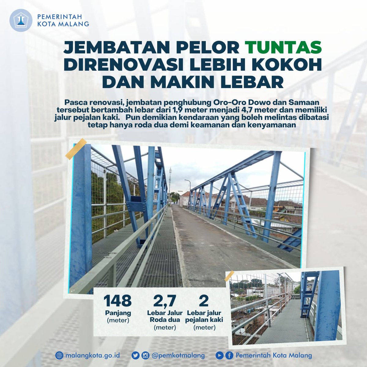 PemkotMalang's tweet photo. #nawakngalam Perbaikan Jembatan Pelor telah dituntaskan.  Jembatan dengan bentang panjang 148 meter tersebut makin lebar dan nyaman.  Dari lebar awal 1,9 m, kini ditambah menjadi 2,7 m plus 1 m jalur pejalan kaki di kanan kirinya.  

#jembatan 
#infrastruktur
#kotamalang https://t.co/giJGviUt7H