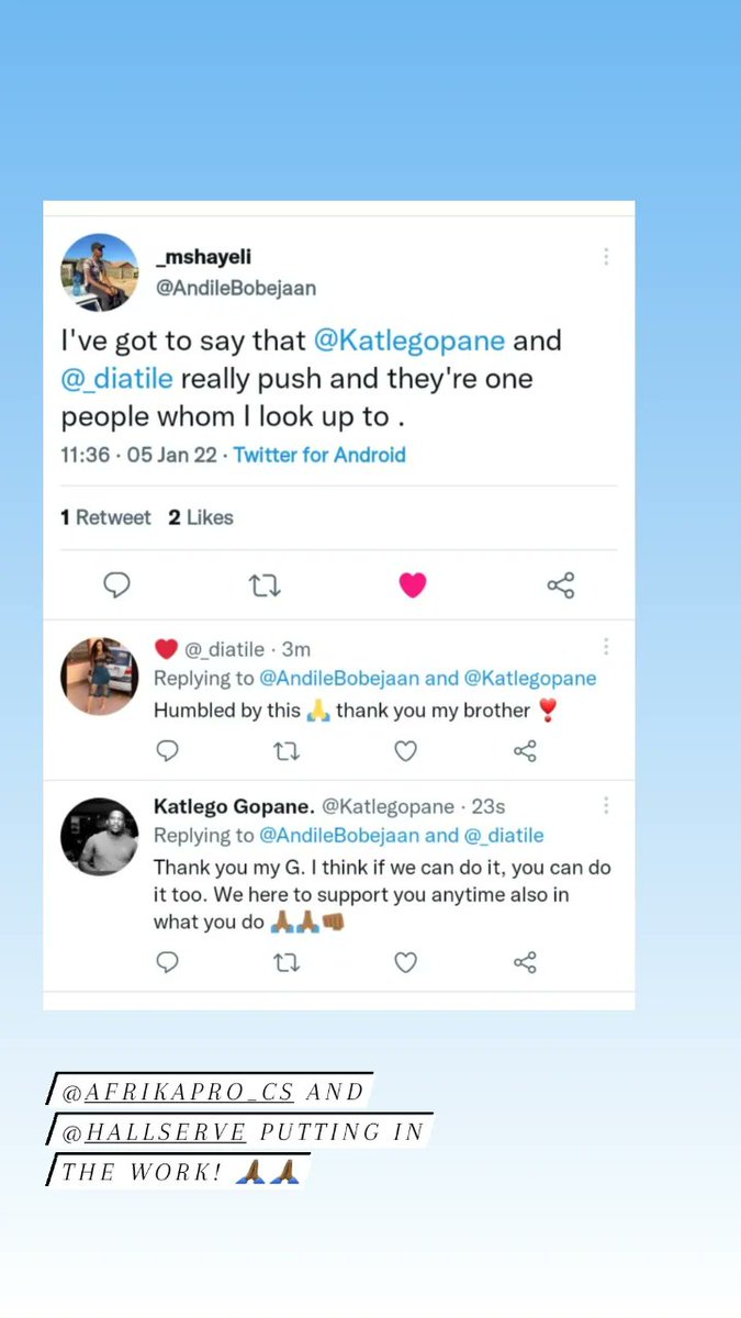 Katlegopane's tweet photo. This means a lot @AndileBobejaan my brother, thank you once again! Big S/O to @_diatile @hallserve for always inspiring us by their amazing work ethic! Let's keep pushing! 🙏🏾 https://t.co/nSkExkOccy