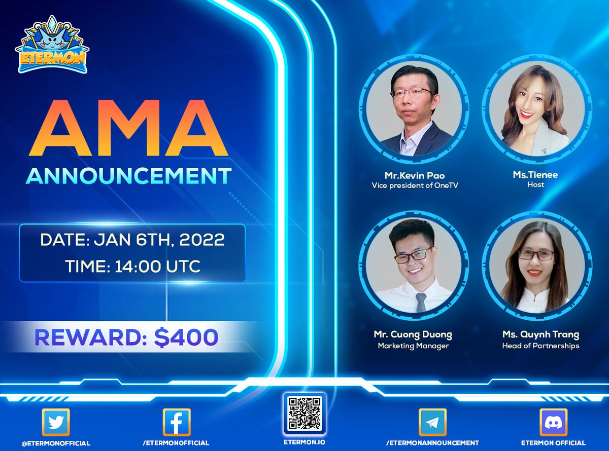 EtermonOfficial's tweet photo. Let’s join 
#Etermon #AMA of 2022 😁 
#Giveaways: 400$ USDT for 10 questions - 5 picked under this post and the other 5 during the live. 
Venue: Etermon Fanpage 
Comment your questions for us 👇 https://t.co/OKV6DQQJDm