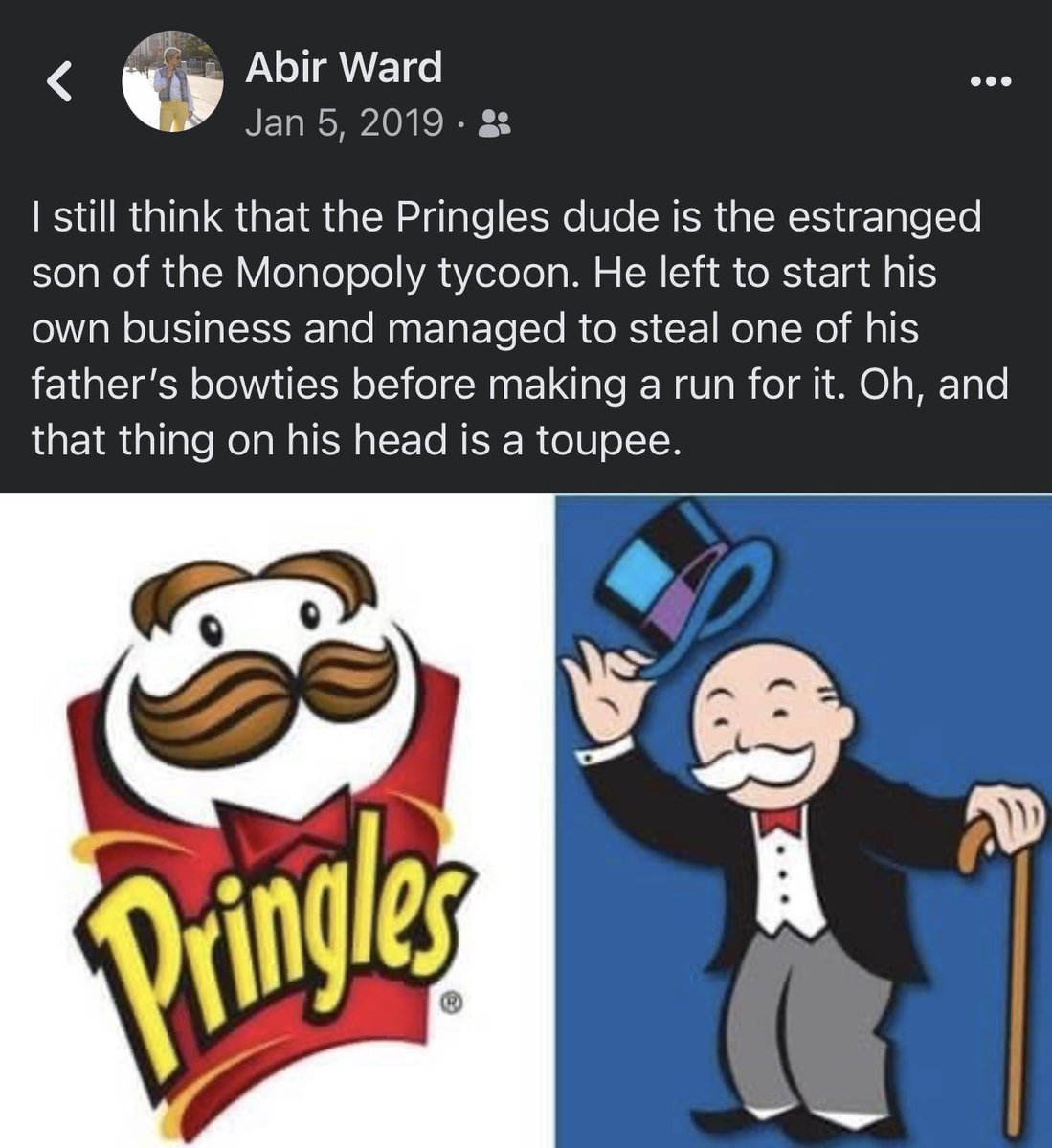Yup! The #pringles dude is the estranged son of the #monopoly tycoon. <a href="/Pringles/">Pringles</a> <a href="/MonopolyUK/">MonopolyUK</a>