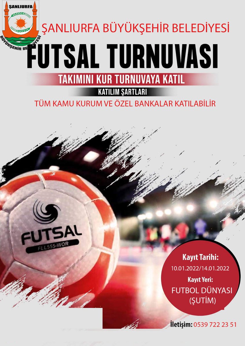 sanliurfabld's tweet photo. Kurumlar arası düzenlenecek Büyükşehir Futsal Turnuvamız başlıyor⚽

#Şanlıurfa genelindeki tüm kamu kurum ve kuruluşlarıyla birlikte, tüm özel bankaların katılım sağlayabileceği turnuvamızda başvurular 10 Ocak'ta başlıyor.

📞Detaylı bilgi; 0539 722 23 51 https://t.co/X1Xc7IdvXD