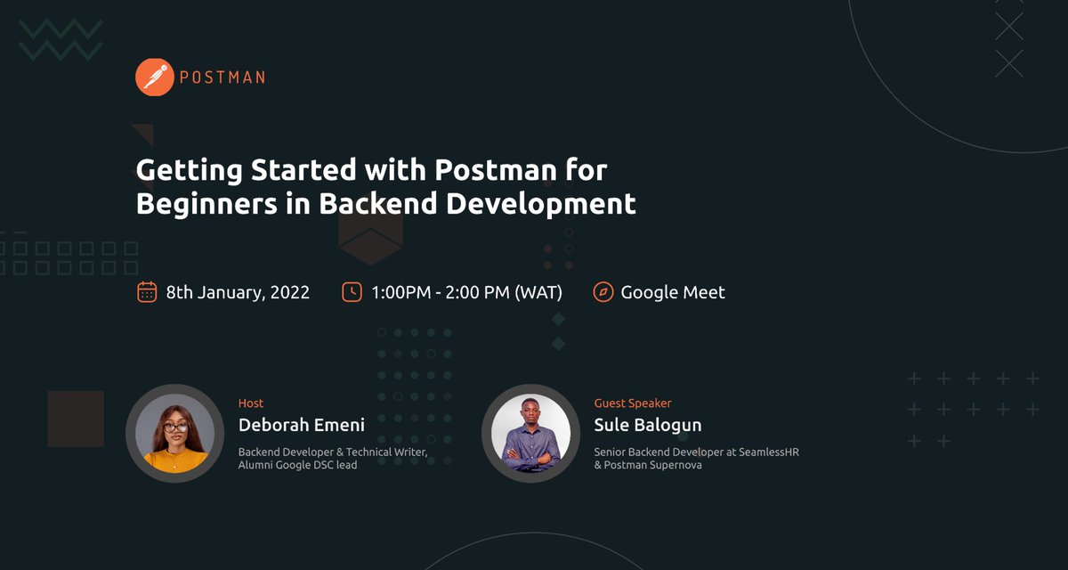 __deb_by's tweet photo. 😃Are you a beginner in Backend Development and have used Postman for your APIs, or never heard of @getpostman and its benefits?
This event is for you!!!🥳💃
On Saturday, 8th January, 2022 by 1:00PM WAT

Join this event via: https://t.co/40uEMj65Jm https://t.co/KDlj1X88xW
